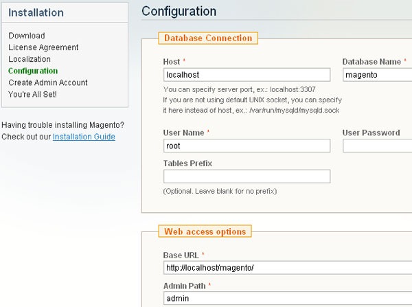 configuration at the time of magento installation