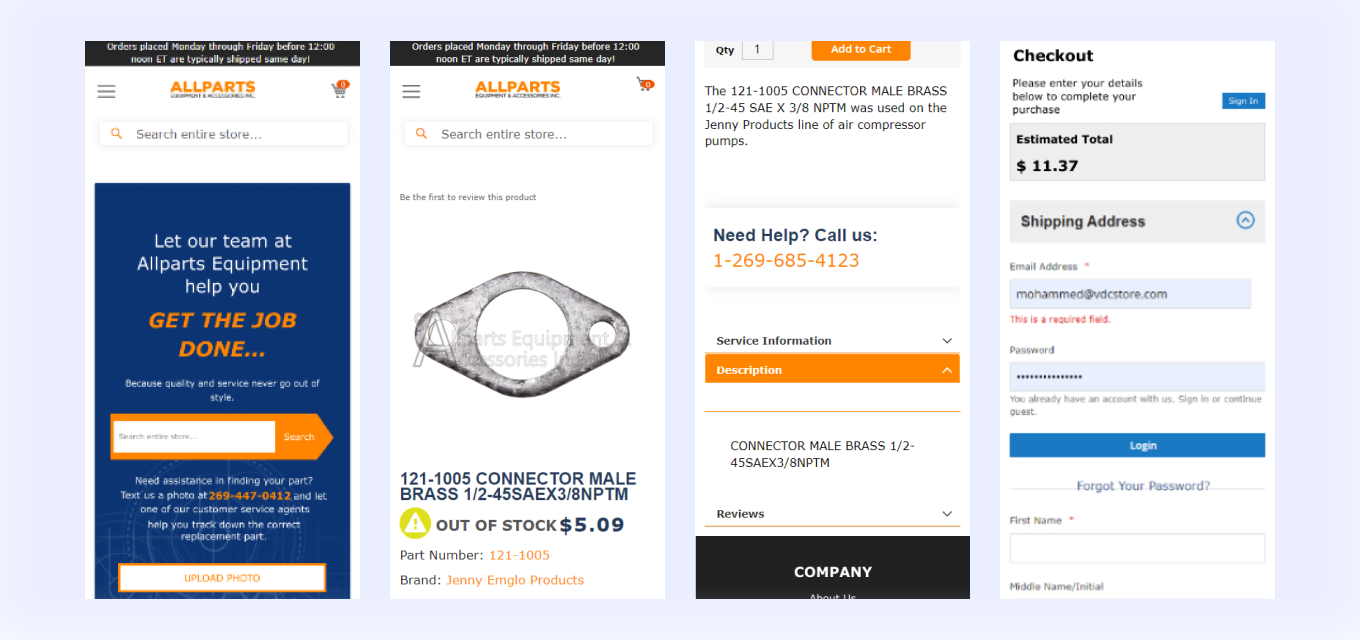 Allparts website screenshots